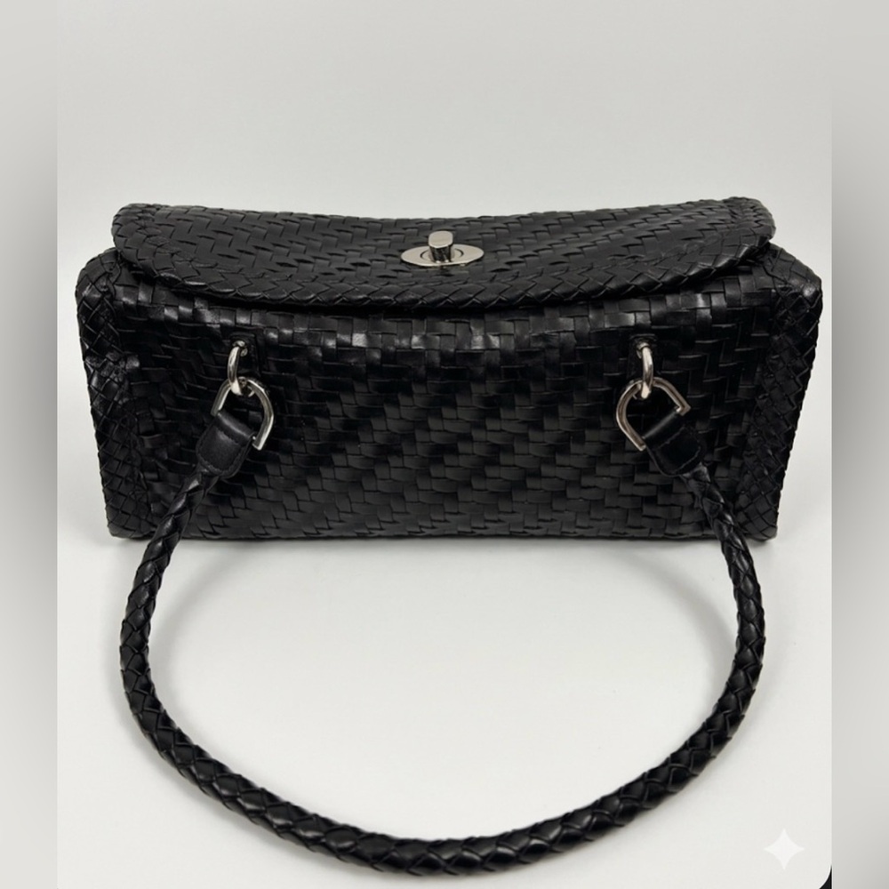 Vintage Talbots Black Woven Intrecciato Leather East-West Shoulder Bag